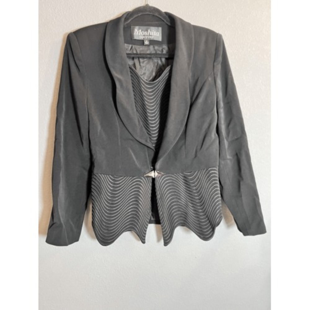Vintage Moshita Couture Black Blazer Jacket Jeweled hook Closure Size 10 Flaws